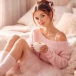 Ballerina Cappuccina aesthetic cappuccino with creamy foam in a blush toned mug on a cozy coffee tray