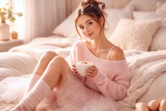 Ballerina Cappuccina aesthetic cappuccino with creamy foam in a blush toned mug on a cozy coffee tray