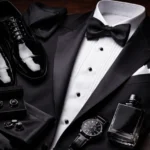 Black Tie tuxedo for men with formal shirt, bow tie, cufflinks, cummerbund, and patent leather shoes