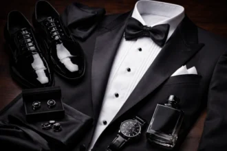 Black Tie tuxedo for men with formal shirt, bow tie, cufflinks, cummerbund, and patent leather shoes