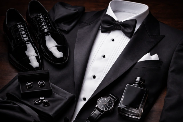 Black Tie tuxedo for men with formal shirt, bow tie, cufflinks, cummerbund, and patent leather shoes