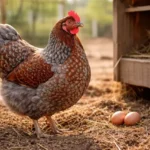Blue Laced Red Wyandotte hen showing red feathers with blue lacing in a backyard coop run.