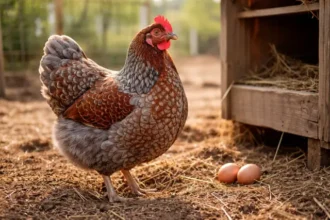 Blue Laced Red Wyandotte hen showing red feathers with blue lacing in a backyard coop run.