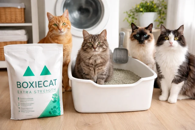 Boxie Cat Litter in a multi cat home with multiple litter boxes and low tracking mat