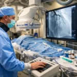 Cath Lab Tech assisting cardiologist during cardiac catheterization procedure in a hospital cath lab