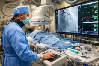 Cath Lab Tech assisting cardiologist during cardiac catheterization procedure in a hospital cath lab