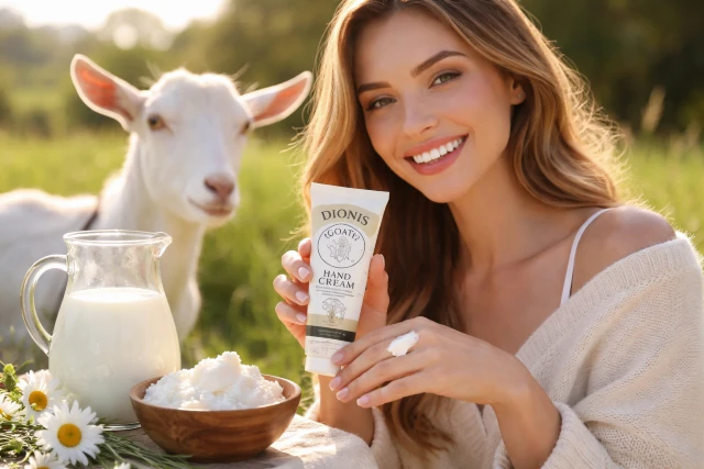 Dionis Goat Milk Hand Cream applied to dry hands for deep hydration and a non-greasy finish