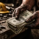 Dirty Hands Clean Money concept showing a worker’s hands after honest labor with tools and a clean paycheck representing integrity and results.