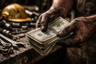 Dirty Hands Clean Money concept showing a worker’s hands after honest labor with tools and a clean paycheck representing integrity and results.