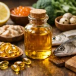 Gold Liver Oil bottle showing omega 3, vitamin A and vitamin D on label