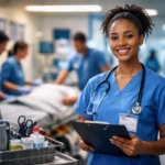 Nurse Tech Emergency Department assisting ER nurse with vital signs and patient transport in a busy emergency room