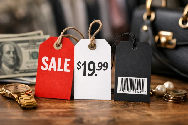 Price Tags on retail products showing pricing cues, discounts, and value signals.