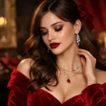 Redvelveteen beauty look with velvet berry lipstick, soft blush, brown liner, black blazer and burgundy accessories