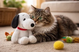 Snoopy Stuffed Animal on the floor while a curious cat sniffs and paws at it during playtime