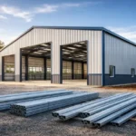 Steel Buildings exterior showing steel frame, metal panels, and wide clear-span interior