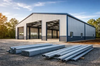 Steel Buildings exterior showing steel frame, metal panels, and wide clear-span interior