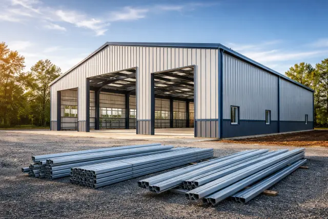 Steel Buildings exterior showing steel frame, metal panels, and wide clear-span interior