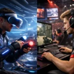 Tech Etruesports vs Traditional Esports comparison showing AI analytics and digital gaming tournament setup