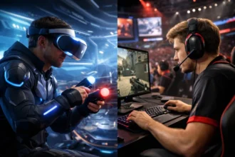 Tech Etruesports vs Traditional Esports comparison showing AI analytics and digital gaming tournament setup