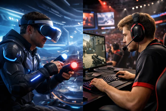 Tech Etruesports vs Traditional Esports comparison showing AI analytics and digital gaming tournament setup