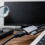 Type C to USB and HDMI adapter connected to a laptop and monitor showing a black screen during troubleshooting.