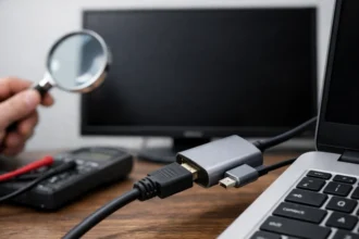 Type C to USB and HDMI adapter connected to a laptop and monitor showing a black screen during troubleshooting.