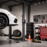 Active Cornering Enhancement garage setup with tire gauge, inflator, LED lights, jack stands, and brake inspection tools for safer car handling