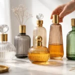 Bottles of Glass styled on a premium modern home decor shelf