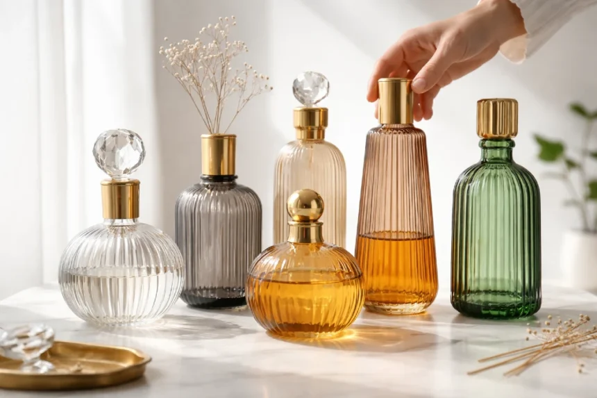 Bottles of Glass styled on a premium modern home decor shelf