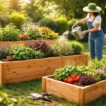 Cedar Planter Box in modern garden with raised wooden planters and green plants