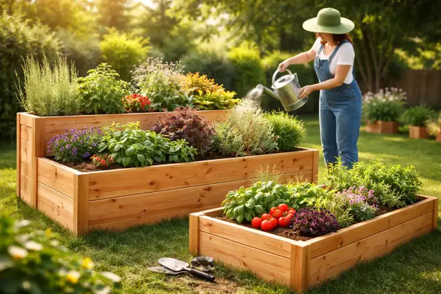 Cedar Planter Box in modern garden with raised wooden planters and green plants