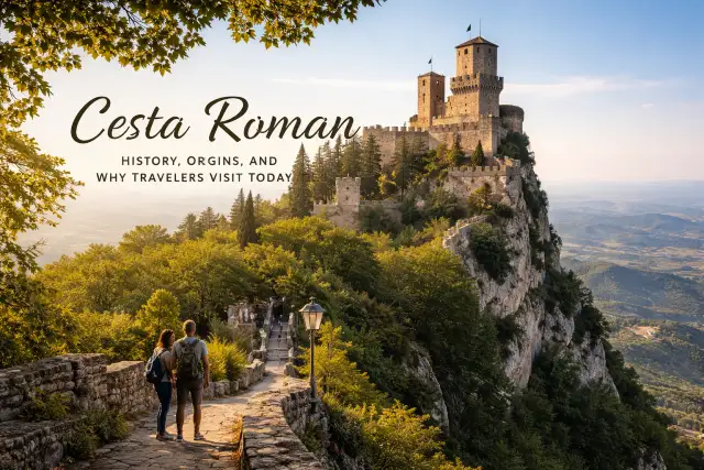 Cesta Roman ancient stone road segment with Roman-era paving and countryside scenery