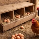 chook nesting boxes inside backyard chicken coop for egg laying