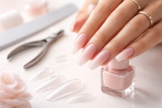 Coffin Shaped Nails showing a tapered shape with a flat tip in medium length with a glossy nude finish