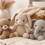 Crochet Stuffed Animals arranged as cozy home decor in a modern living room