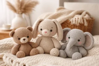 Crochet Stuffed Animals arranged as cozy home decor in a modern living room