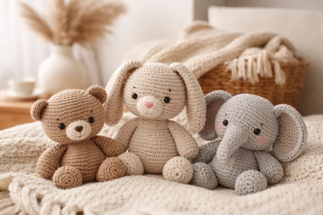 Crochet Stuffed Animals arranged as cozy home decor in a modern living room