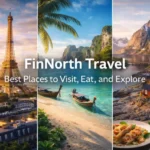 FinNorth travel scenery with snowy forests, local food, and northern lights exploration