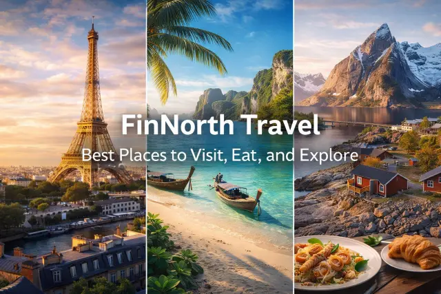 FinNorth travel scenery with snowy forests, local food, and northern lights exploration