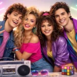 Group 80s iconic entertainment moments collage featuring MTV era music, blockbuster cinema, retro gaming, and 1980s pop culture vibes