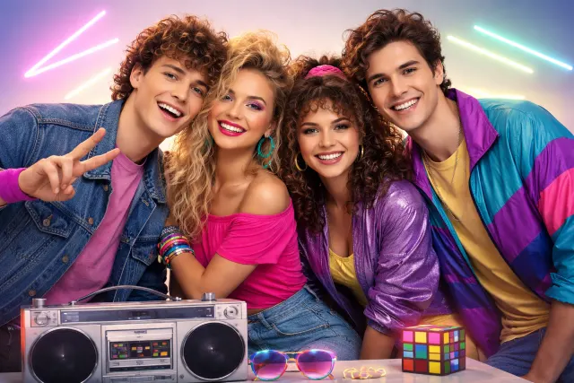 Group 80s iconic entertainment moments collage featuring MTV era music, blockbuster cinema, retro gaming, and 1980s pop culture vibes