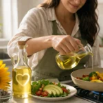 Bottle of High Oleic Sunflower Oil used for healthy cooking in a modern kitchen