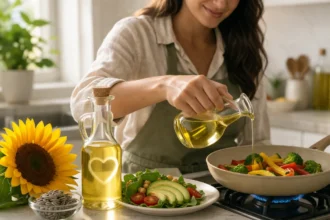 Bottle of High Oleic Sunflower Oil used for healthy cooking in a modern kitchen