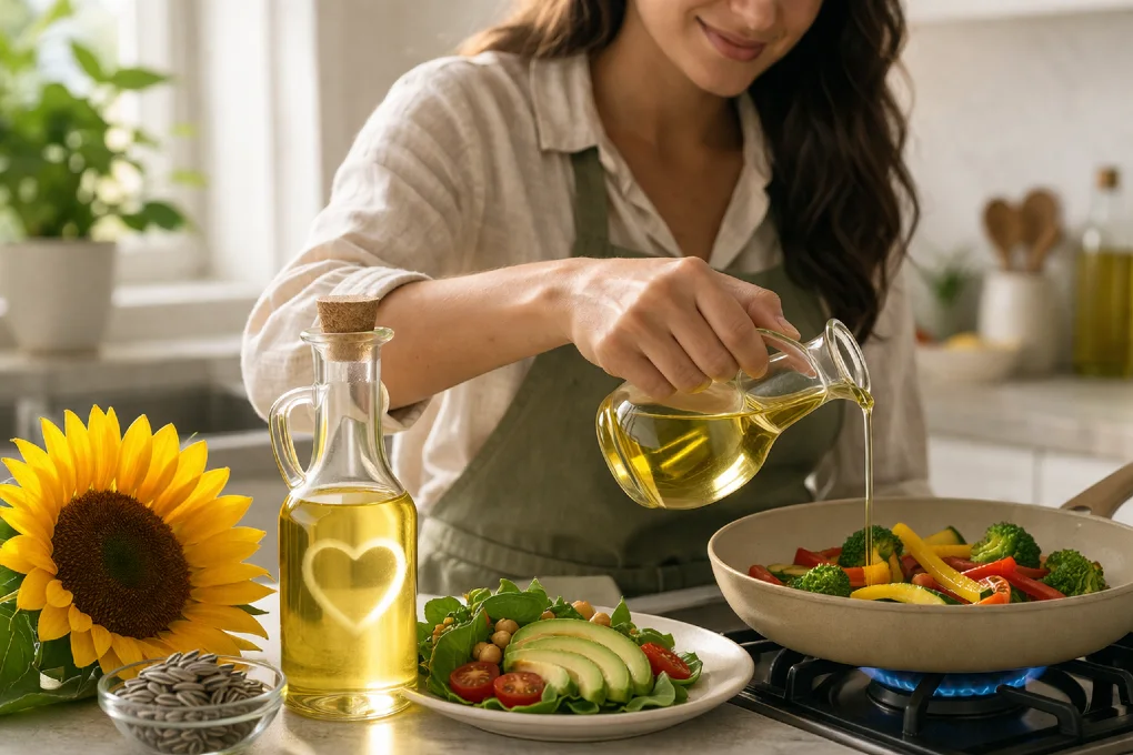 Bottle of High Oleic Sunflower Oil used for healthy cooking in a modern kitchen