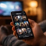 Himovies search trend on a laptop screen with streaming icons