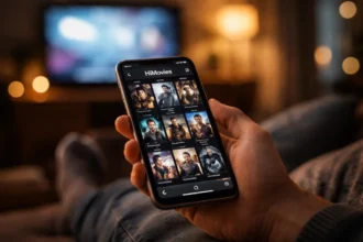 Himovies search trend on a laptop screen with streaming icons