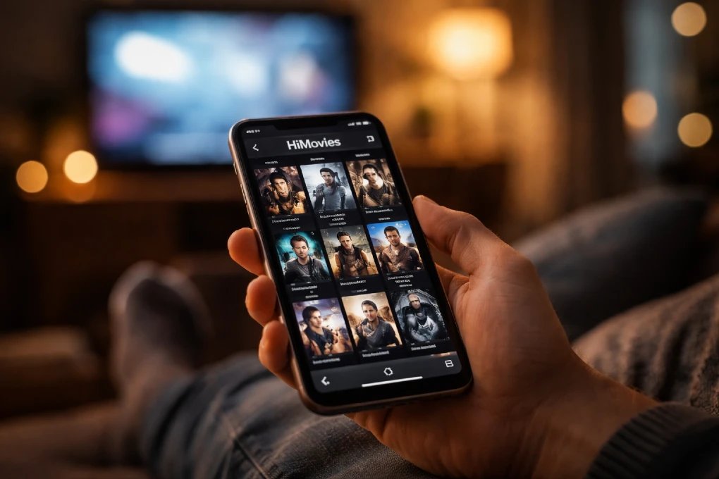 Himovies search trend on a laptop screen with streaming icons