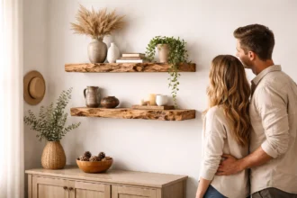 Live Edge Floating Shelves in a modern rustic living room with natural wood grain, neutral decor, black accents, and soft lighting