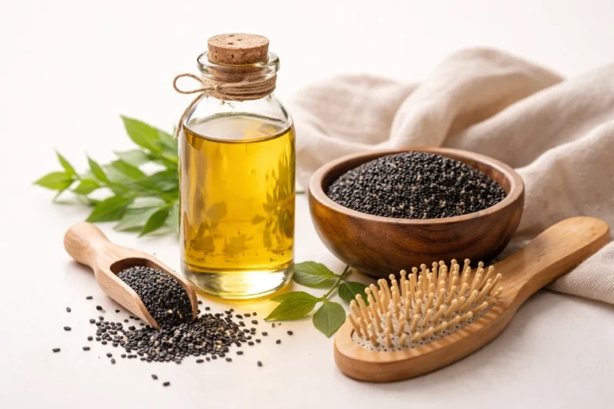 Oil Gingelly applied to hair and scalp for natural shine, strength, and scalp care