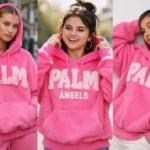 Celebrity wearing Pink Palm Puff Hoodie street style outfit